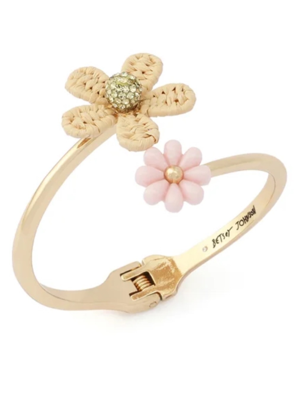 Betsey Johnson Gold Tone Floral Hinged Bangle with Pink Flower Accent